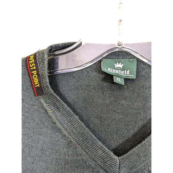 Vintage Kingfield West Point Wool Blend Sweater Mens XL Army Green Logo V Neck - Picture 3 of 6
